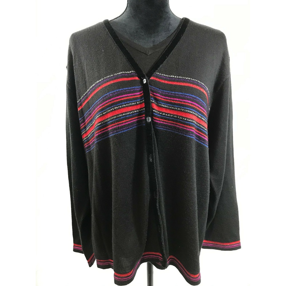 Villager Signature Liz Claiborne‎ Black Metallic Striped Velvet Trim Cardigan 1